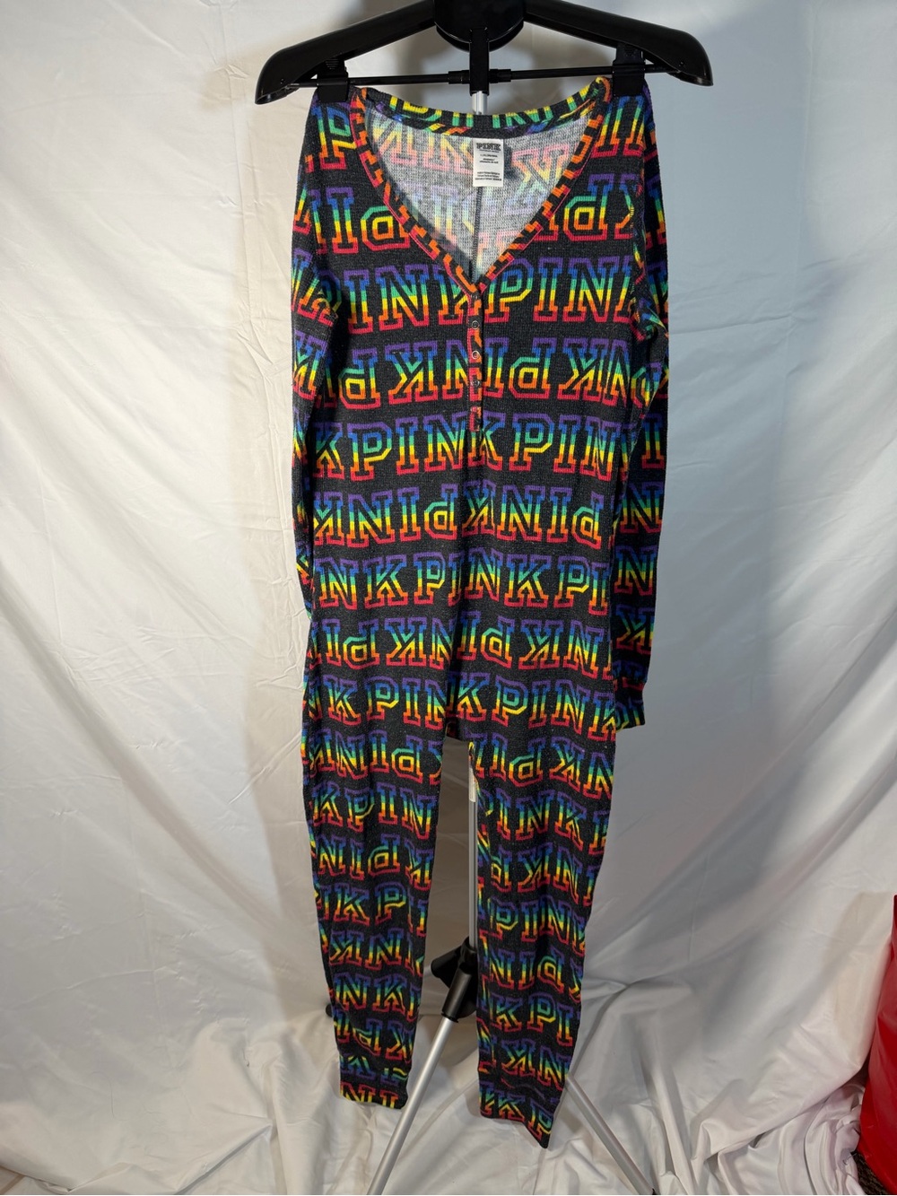 PINK Victoria's Secret Multicolor Rainbow Logo Button-Front Jumpsuit